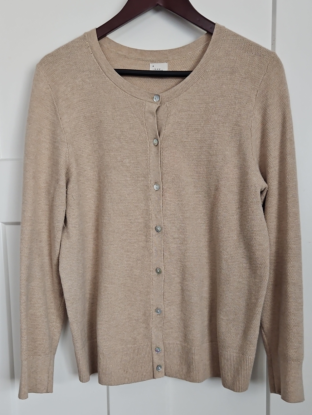 A New Day Beige Cardigan Women's Large 100% Cotton Button Front Sweater